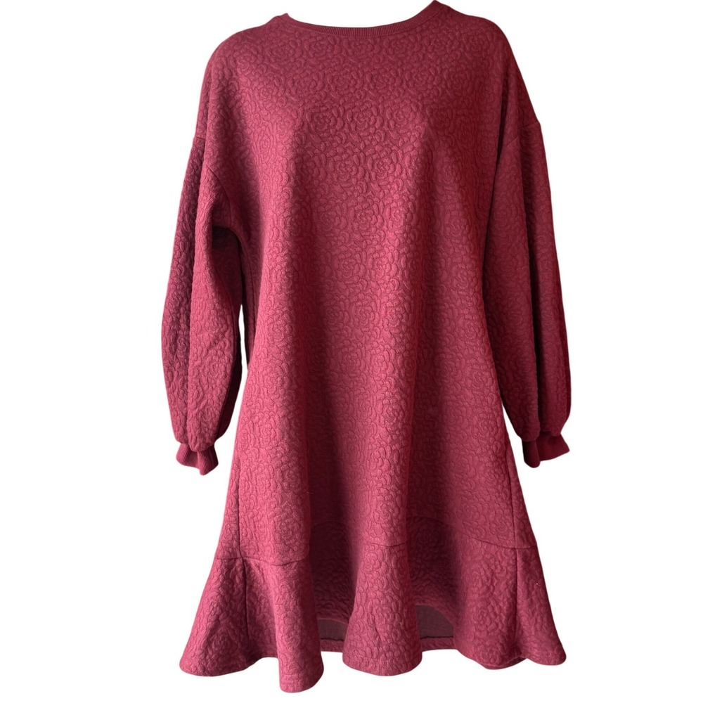 Maeve Anthropologie‎ Textured Knit Dress Wine Color Ruffle Hem Size X-Small NEW